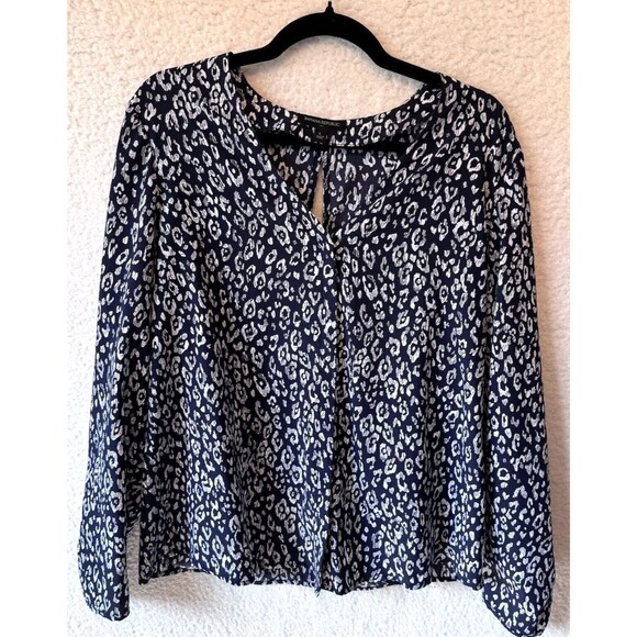 Banana Republic Open‎ Back Top Size L Blouse Navy Blue White Animal Print Shirt - Picture 1 of 11